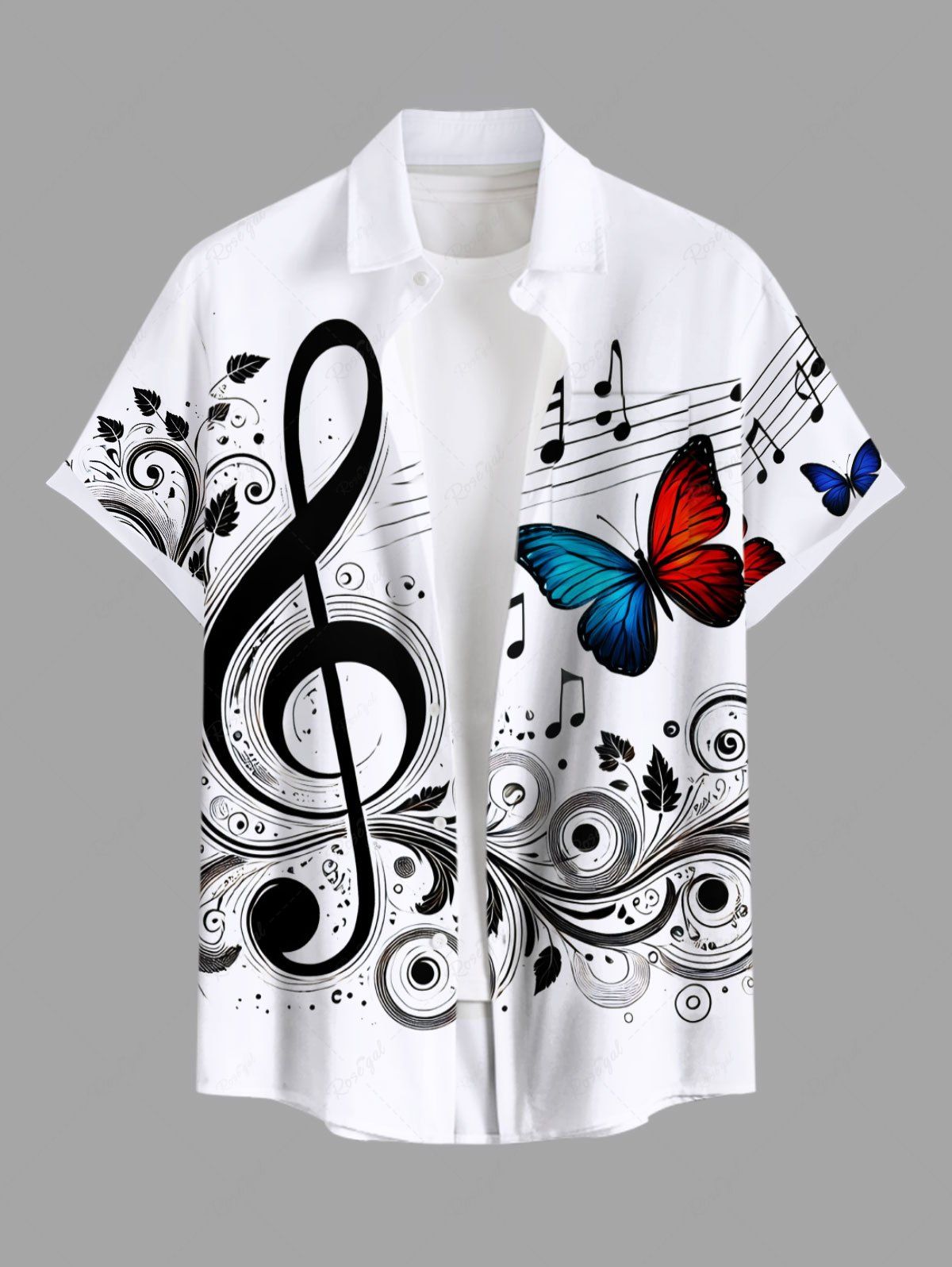 New Plus Size Butterfly Curve Leaves Music Symbol Print Hawaii Button Pocket Shirt For Men  