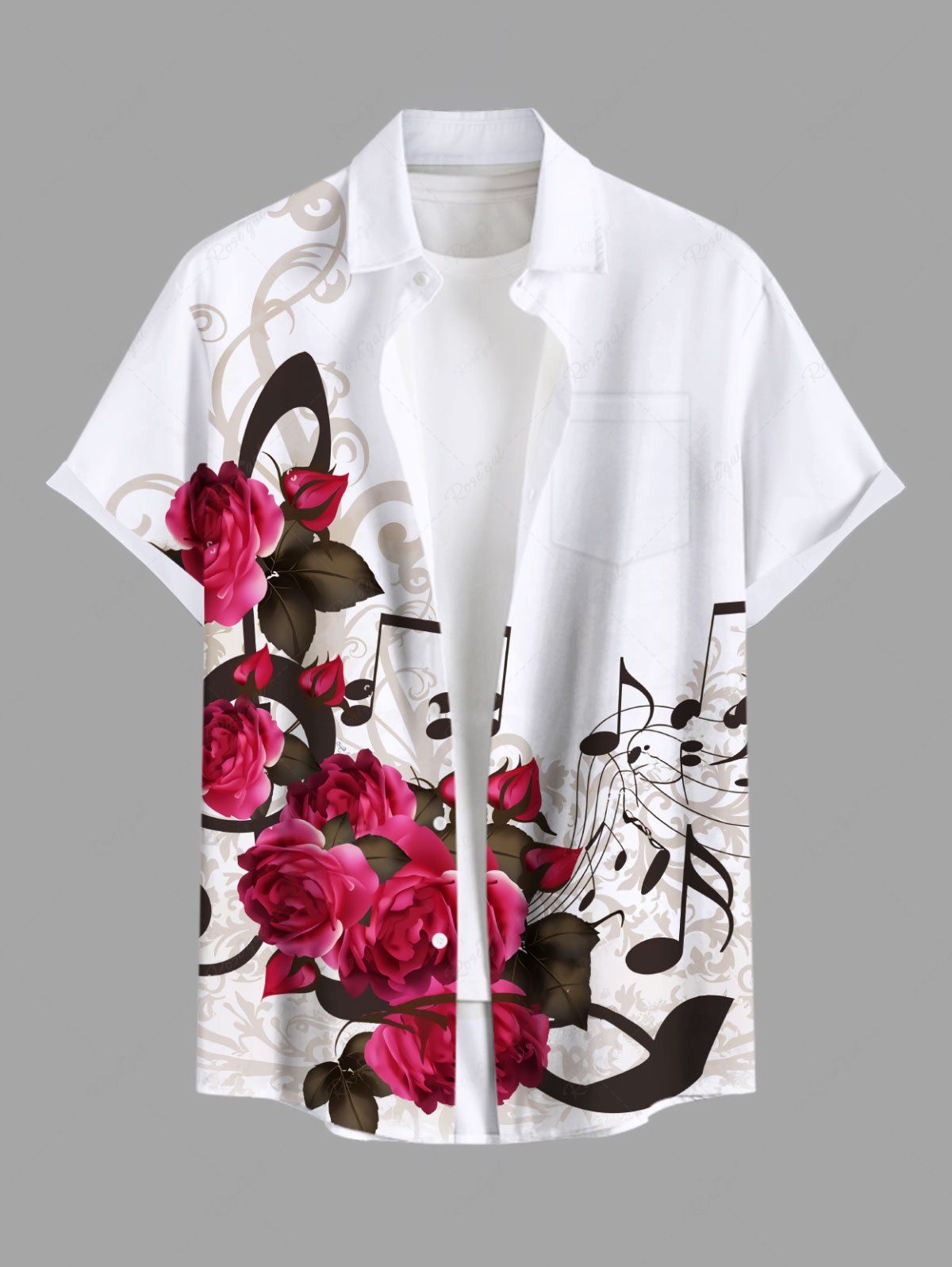 Discount Plus Size Rose Flower Leaf Music Symbol Print Hawaii Valentines Ombre Button Pocket Shirt For Men  