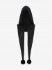 Lace Trim Rivet Ribbed Sweater With Fuzzy Ball Hooded Cape and Appliques Leggings Plus Size Outfit -  