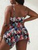 Plus Size Tropical Leaves Floral Print Cinched Bust Hawaii Handkerchief Backless Tankini Swimsuit -  