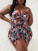 Plus Size Tropical Leaves Floral Print Cinched Bust Hawaii Handkerchief Backless Tankini Swimsuit -  