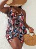Plus Size Tropical Leaves Floral Print Cinched Bust Hawaii Handkerchief Backless Tankini Swimsuit -  