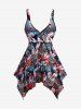 Plus Size Tropical Leaves Floral Print Cinched Bust Hawaii Handkerchief Backless Tankini Swimsuit -  
