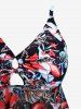 Plus Size Tropical Leaves Floral Print Cinched Bust Hawaii Handkerchief Backless Tankini Swimsuit -  