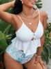 Plus Size Hollow Out Cinched Asymmetrical Tropical Leaf Print Bottom Tankini Swimsuit -  