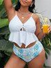 Plus Size Hollow Out Cinched Asymmetrical Tropical Leaf Print Bottom Tankini Swimsuit -  