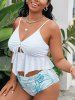 Plus Size Hollow Out Cinched Asymmetrical Tropical Leaf Print Bottom Tankini Swimsuit -  