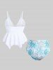 Plus Size Hollow Out Cinched Asymmetrical Tropical Leaf Print Bottom Tankini Swimsuit -  