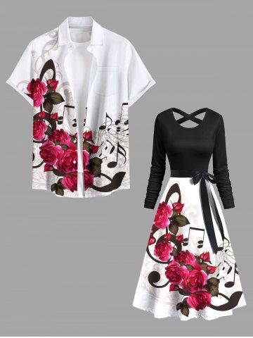 Rose Flower Leaf Music Symbol Print Hawaii Valentines Plus Size Matching Outfit For Couples - BLACK