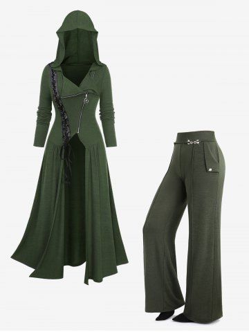 Lace-up Zip Up Surplice Asymmetrical Hooded Coat and Button Wide Leg Pants Plus Size Outfit