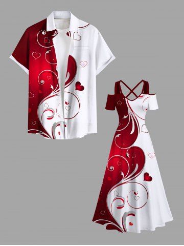 Valentine's Day Heart Curve Two Tone Colorblock Print Plus Size Matching Outfit For Couples - RED