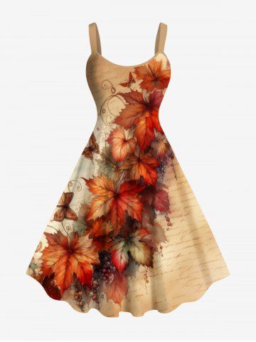 Plus Size Maple Leaf Butterfly Newspaper Print Hawaii Tank Dress - ORANGE - XS