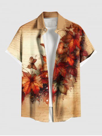 Plus Size Maple Leaf Butterfly Newspaper Print Buttons Pocket Hawaii Shirt For Men - ORANGE - S