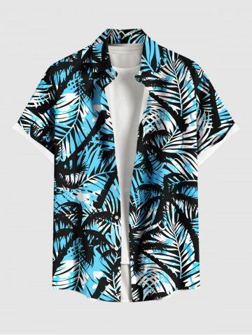 Plus Size Coconut Tree Tropical Leaf Print Buttons Pocket Hawaii Shirt For Men - BLACK - M