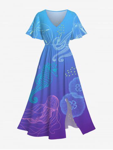 Plus Size Octopus Starfish Seahorse Jellyfish Floral Print Hawaii Sea Creatures Ombre Split Pocket A Line Midi Dress - SKY BLUE - 3X