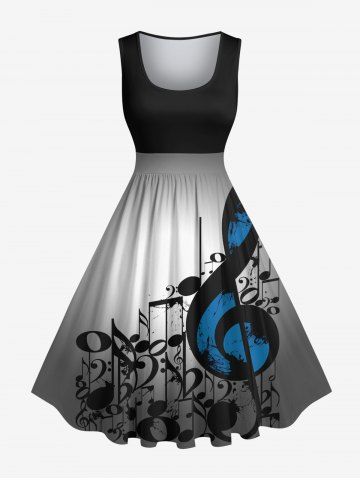 Plus Size Music Notes Ombre Print 1950s Vintage Dress - BLACK - XS