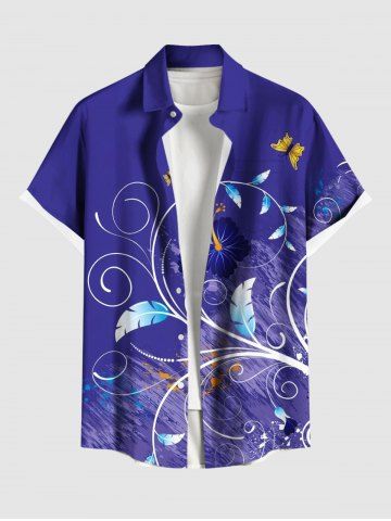 Chemise à Boutons en Flanelle Imprimé Papillons Fleurs et Branches Grande-Taille pour Hommes - BLUE - 4XL