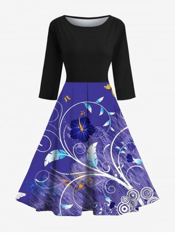 Curve Branch Floral Leaves Butterfly Paint Print Hawaii 50's Vintage Midi Dress - BLUE - S