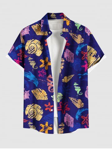 Plus Size Conch Seahorse Starfish Shell Paint Print Hawaii Ombre Button Pocket Shirt For Men - BLUE - S