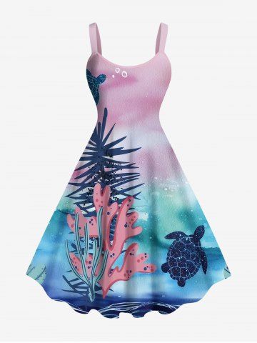 Plus Size Coral Plant Turtle Tie Dye Ombre Print Hawaii Sea Creatures A Line Tank Dress - LIGHT PINK - M