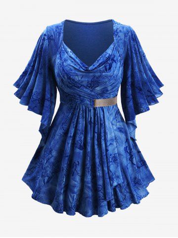 Plus Size Bird Plum Bossom Flower Flocking Ruched Chains Panel Cowl Neck Butterfly Sleeves Top - BLUE - M | US 10