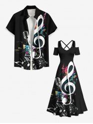 Music Festival Notes Radio Microphone Print Plus Size Matching Outfit For Couples -  