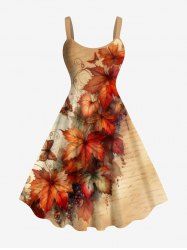 Plus Size Maple Leaf Butterfly Newspaper Print Hawaii Tank Dress -  