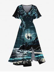 Plus Size Coconut Tree Moon Star Seascape Mountain Print Split Hawaii Midi Dress -  