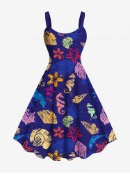 Robe de Plage Ligne A Ombrée Cheval D'Océan Coquille et Etoile de Mer Imprimés de Grande Taille - Bleu M