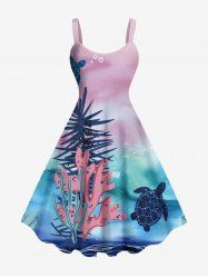 Plus Size Coral Plant Turtle Tie Dye Ombre Print Hawaii Sea Creatures A Line Tank Dress -  