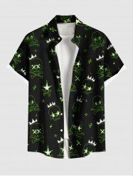 Plus Size Skull Crown Bone Stars Print Rock and Roll Hawaii Button Pocket Shirt For Men -  
