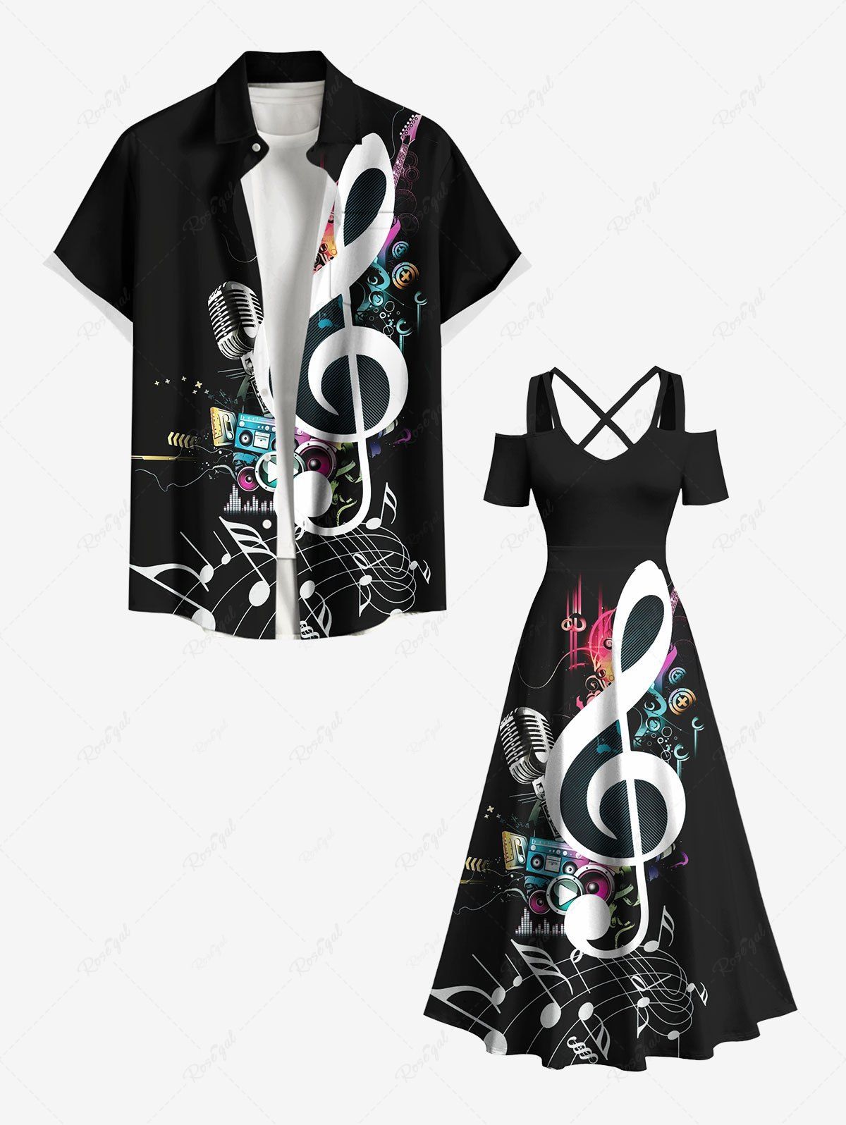 Fashion Music Festival Notes Radio Microphone Print Plus Size Matching Outfit For Couples  