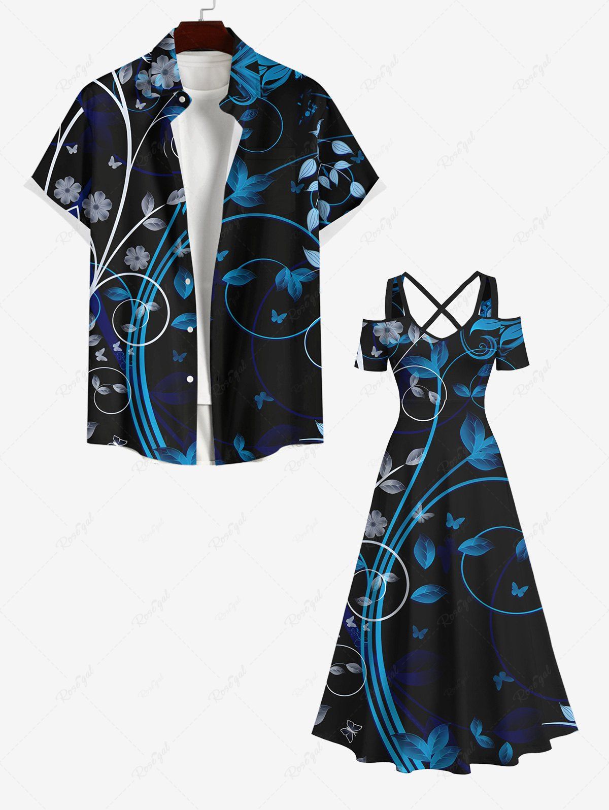 Tenue de Plage pour Couples en Forme de Papillon à Imprimé Feuilles et Fleurs Grande-Taille Noir 