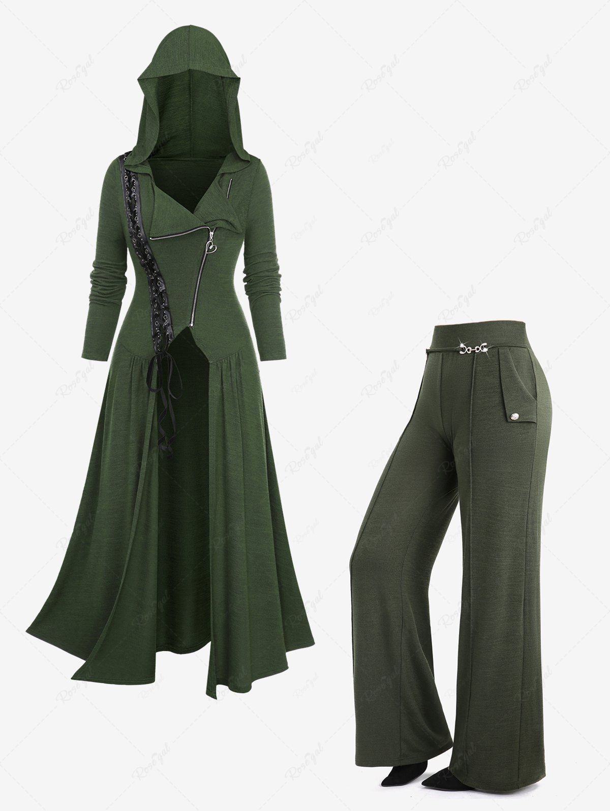 Hot Lace-up Zip Up Surplice Asymmetrical Hooded Coat and Button Wide Leg Pants Plus Size Outfit  