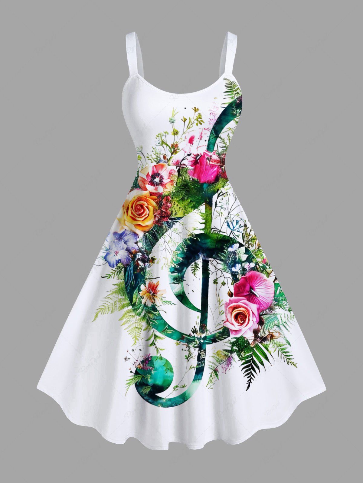 Robe Débardeur Trapèze Imprimé Feuilles et Fleurs Tropicales Grande Taille Blanc 5X