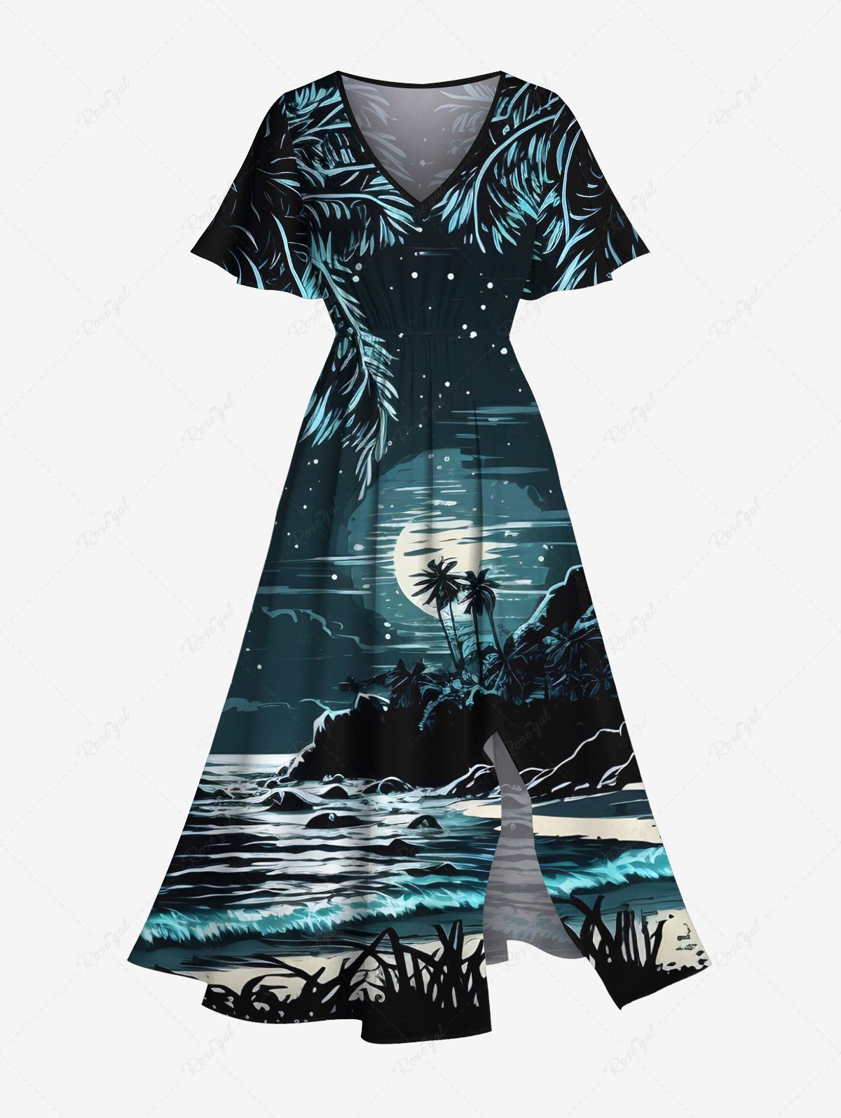 Affordable Plus Size Coconut Tree Moon Star Seascape Mountain Print Split Hawaii Midi Dress  