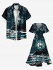 Plus Size Coconut Tree Moon Star Seascape Mountain Print Split Hawaii Midi Dress -  