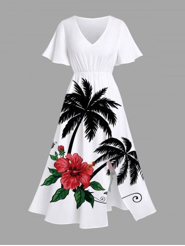 Plus Size Coconut Tree Floral Leaves Butterfly Print Hawaii Split Pocket A Line Midi Dress - WHITE - XS