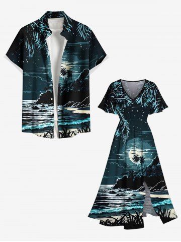 Coconut Tree Moon Star Seascape Mountain Print Plus Size Matching Hawaii Beach Outfit For Couples - BLACK