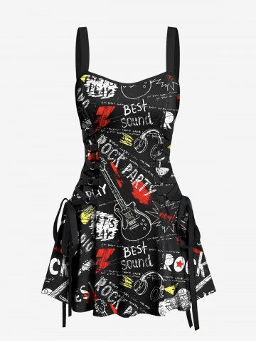 Letters Guitar Lightning Earphones Print Hawaii Music Rock Lace Up A Line Tank Dress - BLACK - XS