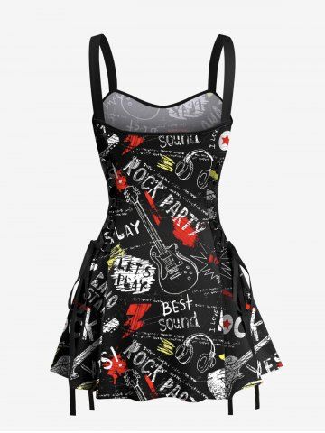 Letters Guitar Lightning Earphones Print Hawaii Music Rock Lace Up A Line Tank Dress