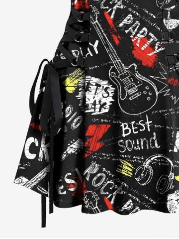 Letters Guitar Lightning Earphones Print Hawaii Music Rock Lace Up A Line Tank Dress