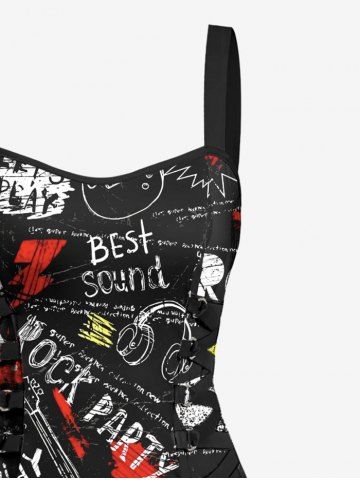 Letters Guitar Lightning Earphones Print Hawaii Music Rock Lace Up A Line Tank Dress