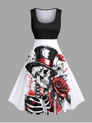 Plus Size Skull Skeleton Hat Rose Flower Leaf Print Valentines Vintage Swing A Line Dress - BLACK - L