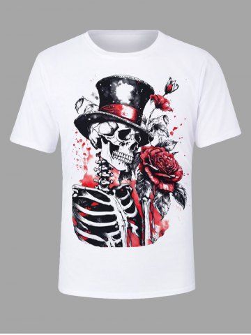 Plus Size Skull Skeleton Hat Rose Flower Leaf Print Valentines T-shirt For Men - WHITE - 6XL