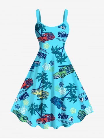 Plus Size Coconut Tree Car Floral Letters Print Hawaii A Line Tank Dress - LIGHT BLUE - 4X