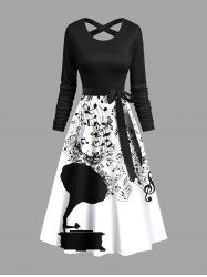 Robe Ligne A Bicolore Croisée Note de Musique Imprimée avec Ceinture Nouée - Noir 2XL