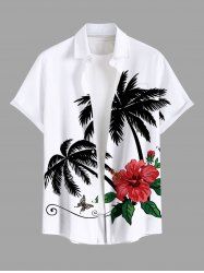 Plus Size Coconut Tree Floral Leaves Butterfly Print Hawaii Button Pocket Shirt For Men -  