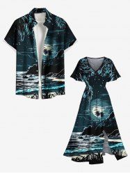 Coconut Tree Moon Star Seascape Mountain Print Plus Size Matching Hawaii Beach Outfit For Couples -  