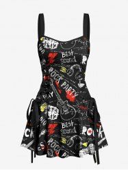 Letters Guitar Lightning Earphones Print Hawaii Music Rock Lace Up A Line Tank Dress -  